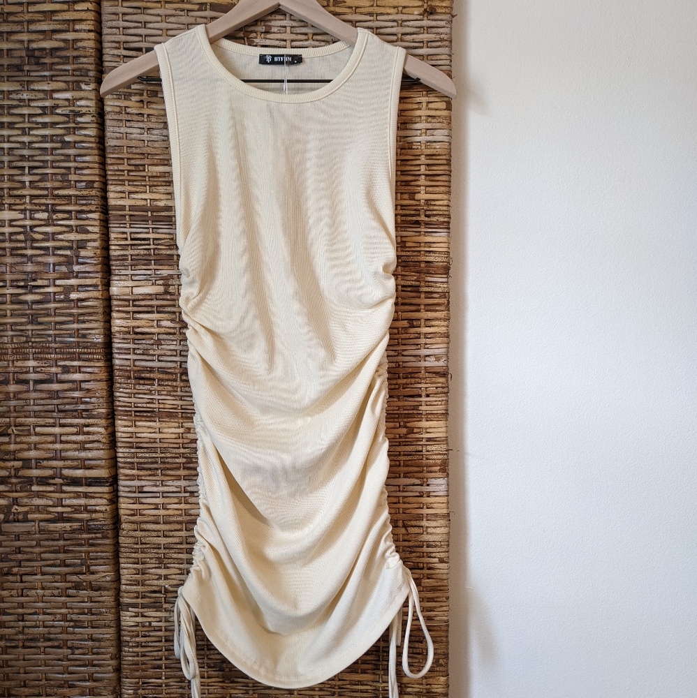 Cream Sleeveless Ribbed Ruched Short Dress